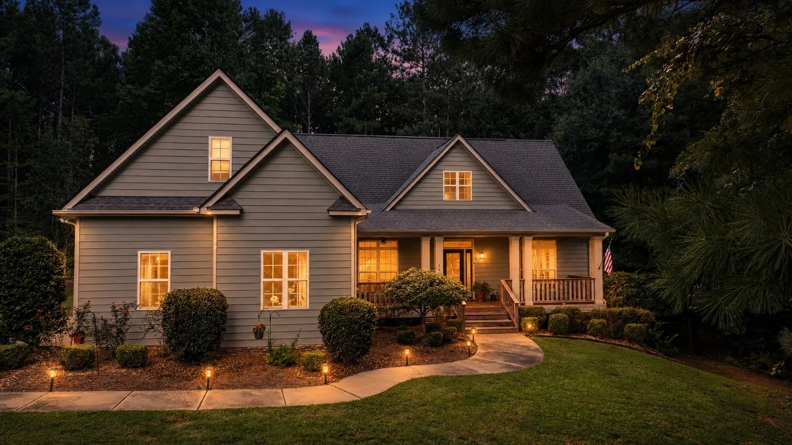 Twilight — Front Exterior & Warm Lights